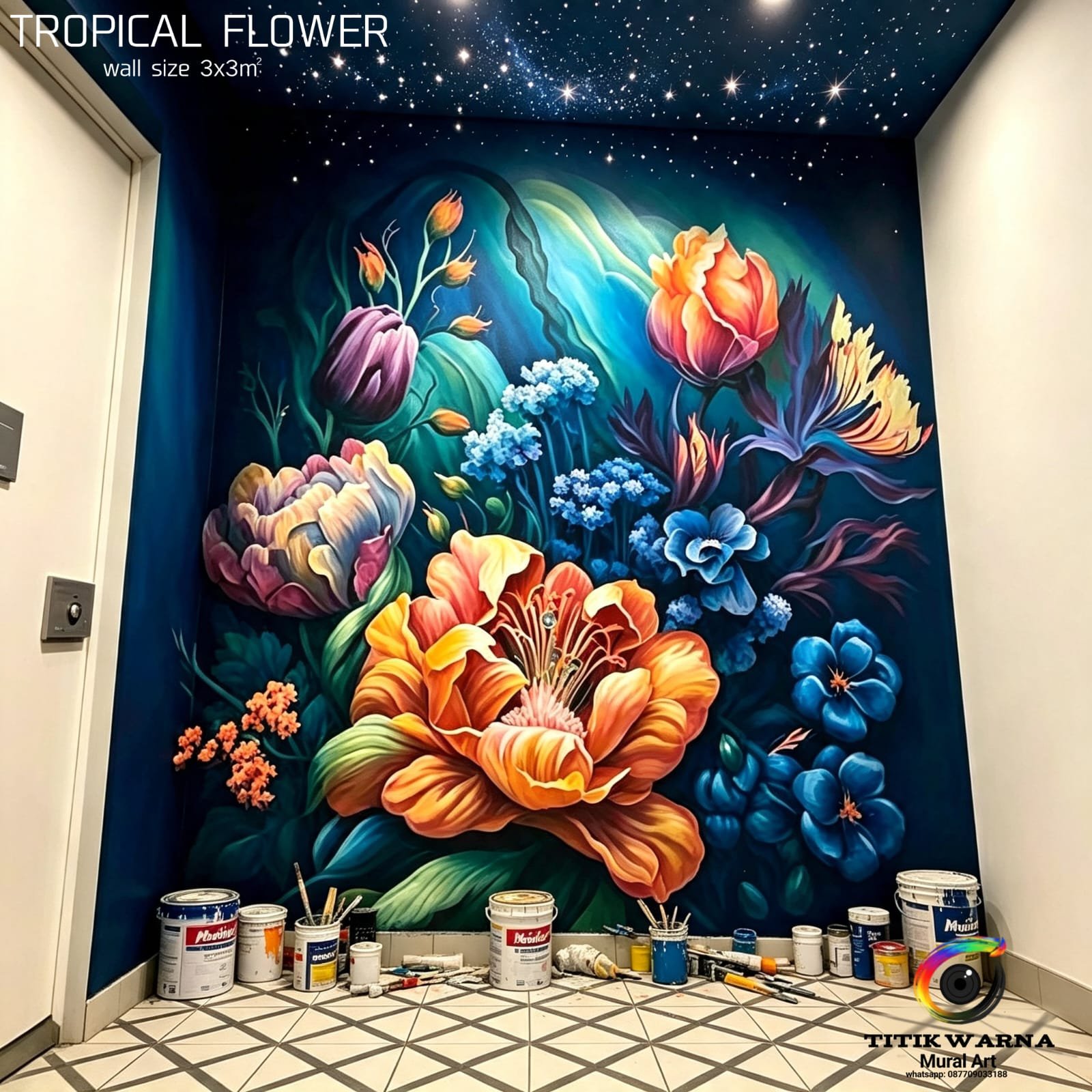 Tropical Bloom Night Sky Mural